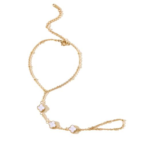 Hand Chain Bracelets for Women 14K Gold Plated Dainty Link Bracelet Bracelets Trendy Ring Bracelet Birthday Jewelry Gifts for Women - style: White Clover