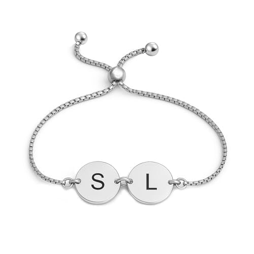 Charmsy 925 Sterling Silver Sliding Bolo Bracelet for Women | Women's Italian Handmade Adjustable Bolo Bead Ball Slider Bracelet - style: Personalized Couple Initial Charm