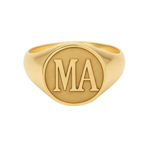 Customized Initial Pinky Ring Personalized Raised Engraved Letter Monogram Statement Signet Rings for Women Men - color: Gold -Round