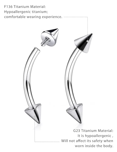 16g/18g/20g Titanium Internally Threaded Eyebrow Piercing Jewelry Vertical Labret Lip Jewelry Curved Barbell Tiny Eyebrow Ring Rook Earring Small Belly Button Ring for Women Men - color: spike,16g,bar:10mm