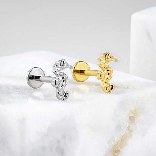 FINE4U 1PC 16G ASTM F136 Titanium Octopuses Piercings Jewelry with 6mm 8mm Post for Conch Helix Flat Labret 16G 6mm 8mm - color: Seahorses- Gold