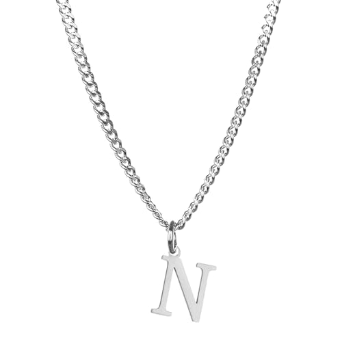Men’s Minimal Initial Necklace, Stainless Steel Gold Silver Tone 26 Letters Pendant Necklace for Men Women 3.5mm Cuban Chain Waterproof - style: N