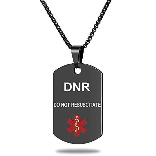 Medical Alert ID Necklace, Laser Engraved DO NOT RESUSCITATE, Stainless Steel Tag Pendant with 23.6 inch Chain for Men Women - color: Black, size: DO NOT RESUSCITATE