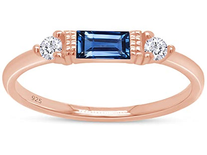 3 Stone Stackable Ring for Women with Birthstone And White Cubic Zircionia | Dainty Minimalist Ring In 14K Gold Over Sterling Silver - color: Rose Gold : Simulated Blue Sapphire