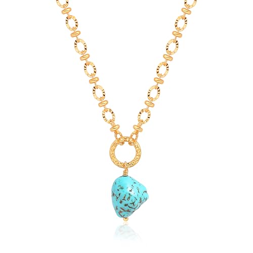 Aobei Pearl 18K Gold Plated Moon Star Lion Evil Eye Love Heart Cross Pendant Necklace Medallion Paperclip Chian Choker Layering Jewery for Women - color: Blue-green Irregular Turquoise