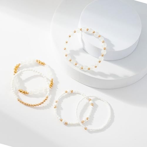 Boho Beaded Stretch Bracelets For Women Stackable Crystal Gold Plated Beaded Bracelets Set Trendy Handmade Friendship Braeclet Jewelry Gifts - color: A-White bead set