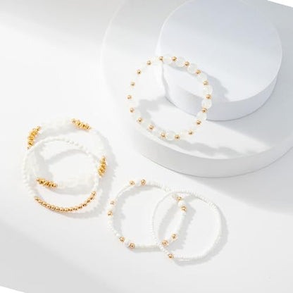 Boho Beaded Stretch Bracelets For Women Stackable Crystal Gold Plated Beaded Bracelets Set Trendy Handmade Friendship Braeclet Jewelry Gifts - color: A-White bead set