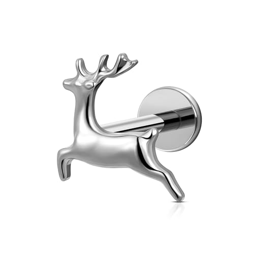 FINE4U Cartilage Christmas Piercing Jewelry 16G 6mm 8mm - ASTM F136 Titanium, Flat Back Labret Stud for Helix Flat Lobe, Elk Minimalist Earring, Squirrel Earrings - color: Deer - Tit