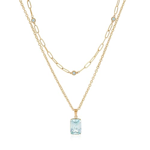 Birthstone Layered Pendant Paperclip Necklace 18k Gold Plated Heart Choker Chain Necklace Emerald Cut Jewelry Birthday Gift for Women - color: Emerald-Cut Aquamarine