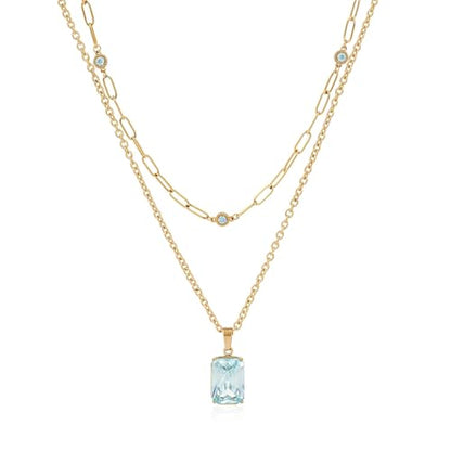 Birthstone Layered Pendant Paperclip Necklace 18k Gold Plated Heart Choker Chain Necklace Emerald Cut Jewelry Birthday Gift for Women - color: Emerald-Cut Aquamarine