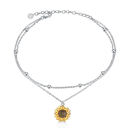 POPLYKE 925 Sterling Silver Double Layered Chain Evil Eye Daisy Sunflower Butterfly Anklets for Women Holiday Beach Crystal Ankle Bracelet Dainty Evil Eye Jewelry - style: Sunflower Anklet
