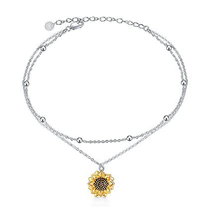 POPLYKE 925 Sterling Silver Double Layered Chain Evil Eye Daisy Sunflower Butterfly Anklets for Women Holiday Beach Crystal Ankle Bracelet Dainty Evil Eye Jewelry - style: Sunflower Anklet