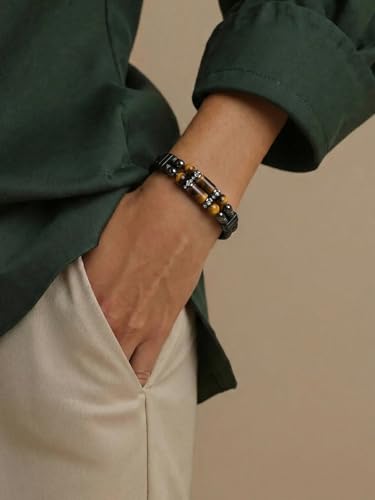 Mens Leather Turquoise/Tiger Eye/Obsidian/Lava Stone Bracelet–Braided Multi‑Layer Wristband Cuff Bangle Barcelet–Jewelry Box and Pouch Packing - color: Tiger Eye Stone, size: 8.3in(Fits most wrists)