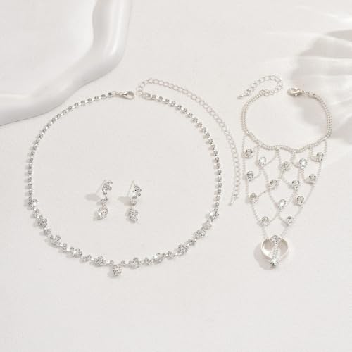 Wedding Jewelry Sets for Brides Rhinestone Necklace and Earring Set Bracelet Ring Gold Silver Prom Jewelry Sets Diamond Flower Teardrop Necklace for Women - color: Style1-Silver-3pcs