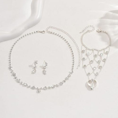 Wedding Jewelry Sets for Brides Rhinestone Necklace and Earring Set Bracelet Ring Gold Silver Prom Jewelry Sets Diamond Flower Teardrop Necklace for Women - color: Style1-Silver-3pcs