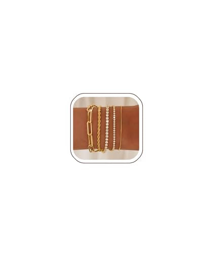 Gold Bracelets for Women 14K Gold Plated Stack Trend Bracelets Charm Paperclip Chain Cuban Link Layered Waterproof Bracelet Dainty Bracelet for Women Jewelry Gifts - color: Gold 5Pcs