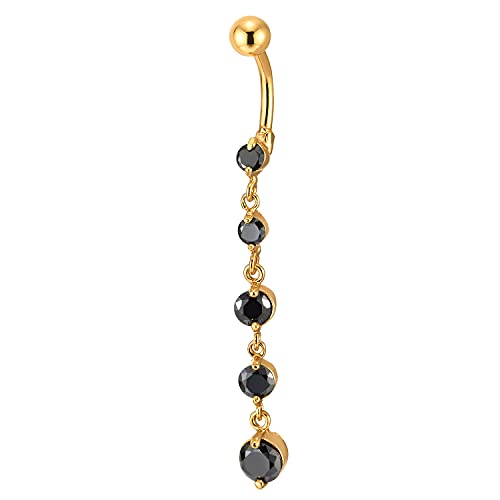 COOLSTEELANDBEYOND Belly Chain Belly Button Ring Body Jewelry Piercing Navel Ring with Long Dangle Cubic Zirconia - color: D-Metal Color:18K Gold-Plated; Stone Color:Black