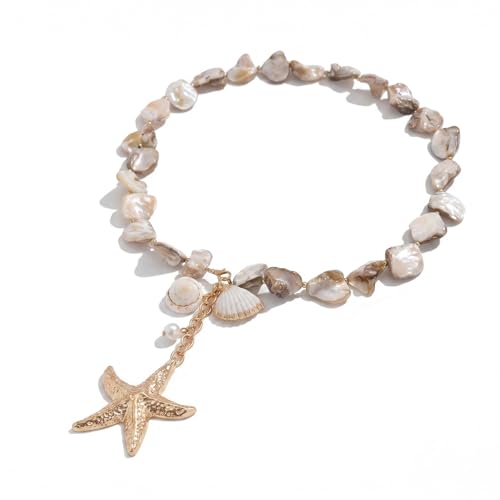 Chunky Shell Choker Necklace for Women,Natural Irregular Pearl Beaded Beach Necklaces,OT Buckle Pearl Pendant Choker,Bohemian Beach Necklace,Summer Beach Vacation Jewelry Gift for Women - color: white