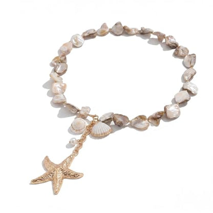 Chunky Shell Choker Necklace for Women,Natural Irregular Pearl Beaded Beach Necklaces,OT Buckle Pearl Pendant Choker,Bohemian Beach Necklace,Summer Beach Vacation Jewelry Gift for Women - color: white