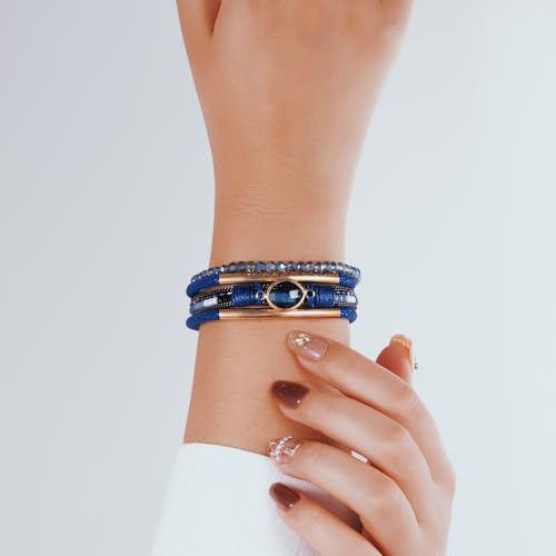 Boho Leather Wrap Bracelets Beaded Stackable Cuff Bracelet Country Concert Outfits Cowboy Cowgirl Western Jewelry Gifts for Women - color: Crystal-Blue