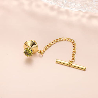HAWSON Mens Tie Tack with Chain Round Crystal Wedding Business Accessories - color: Gold + Olivine