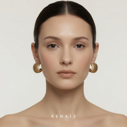 RENAIZ Bold Statement Hoop & Stud Earrings for Women – 14K Gold & Rhodium Plated Maximalist Jewelry, Chunky Geometric Boho Earrings, Hypoallergenic Non-Tarnish Trendy Gift - color: Yellow Gold, style: Chunky