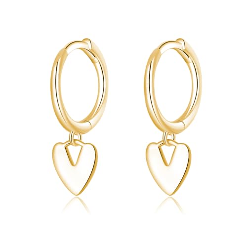 Reffeer Solid 925 Sterling Silver Small Love Heart Drop Earrings Hoop for Women Teen Girls Heart Hoop Earrings Huggie - color: B-Yellow