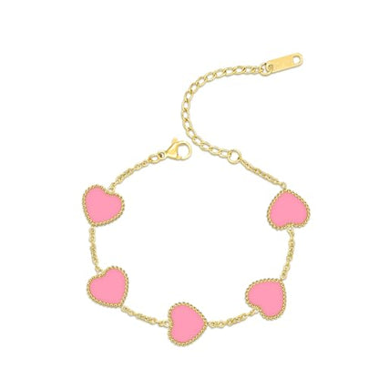 18K Gold Plated Five Heart Charm Bracelets for Women | Adjustable Love Bracelet Set Jewelry Gift-Hypoallergenic for Birthdays, Wellness & Daily Wear - color: 1#-Pink
