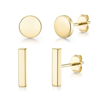 JIAYIQI Minimalist 925 Sterling Silver Stud Earrings Set, 14K Gold Plated Hypoallergenic Tiny Bar Dot Heart Star Studs for Women & Men - style: Gold-Bar Dot-2 Pairs
