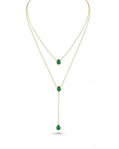 SNGIA Long 18K Gold Plated Blue Green Red Layered Pendant Necklace For Women (Emerald, Ruby, Seafoam, Sky, Sapphire, Pink), Dainty Birthstone Necklace, Statement Necklace Jewelry Gifts. - style: Emerald