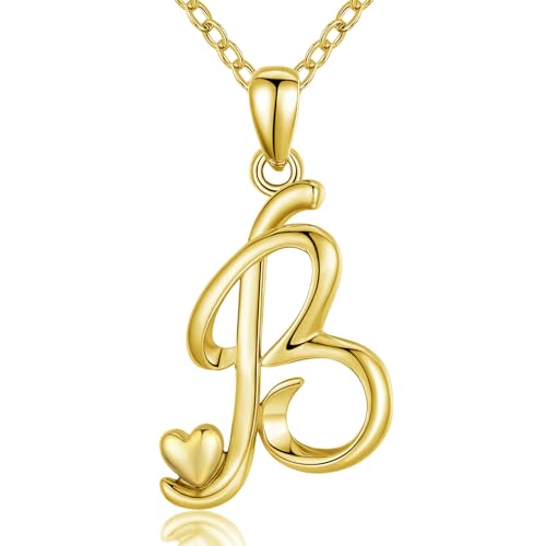 CELESTIA 925 Sterling Silver Initial Necklaces 26 Letter with Rose Gold Heart - 18 Inch Chain - color: Gold-B