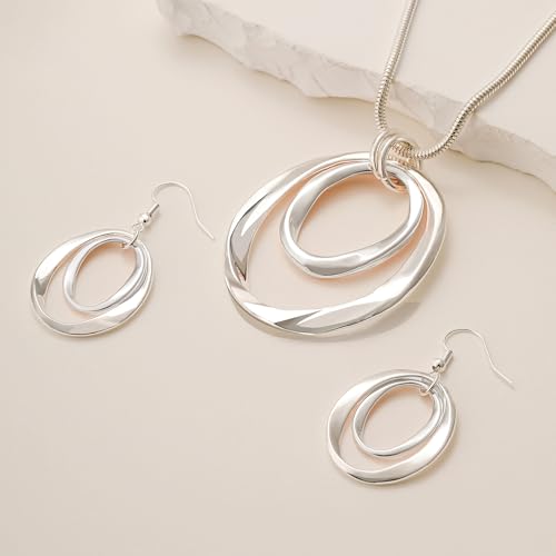 3 Circles Silver Hoop Earrings Necklace Set for Women Geometric Jewelry Set | 925 Silver Hypoallergenic Small Hoop Circle Geometry Textured Finish Minimalist Style Comfortable Wear - style: Silver Two Hoops