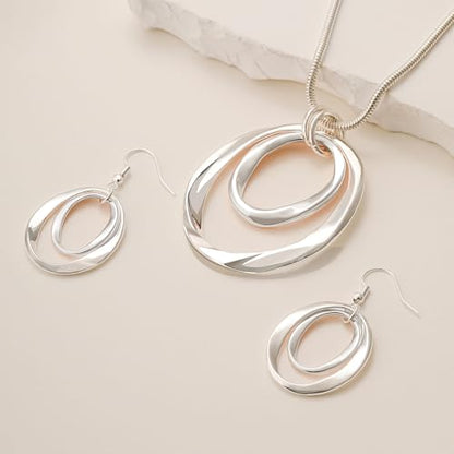 3 Circles Silver Hoop Earrings Necklace Set for Women Geometric Jewelry Set | 925 Silver Hypoallergenic Small Hoop Circle Geometry Textured Finish Minimalist Style Comfortable Wear - style: Silver Two Hoops