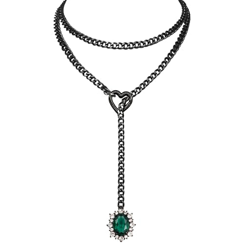Women's Heart O-Ring Slip Chain Necklace, Double Layered Adjustable 39'' Cuban Chain with Detachable Heart Clasp and Colorful Rhinestone Pendant - color: 39'' Black-Emerald Green