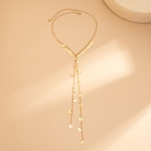 Boho Gold Long Disc Coin Choker Drop Statement Necklace for Women | Trendy Y Shaped Pendant Tassel Necklaces Round Disk Body Wrap Chain Collar Necklace Costume Outfit Festival Jewelry Accessory - color: Gold