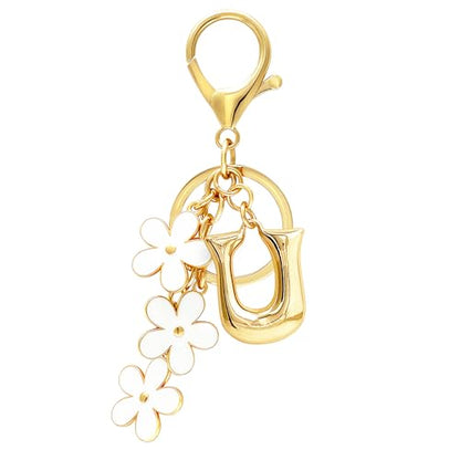 Floral Series Initial Bag Charm, Cute Flower & Bubble Letter Purse Charms, Keychain Accessories Gift for Women - color: White Flower, style: U