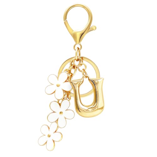 Floral Series Initial Bag Charm, Cute Flower & Bubble Letter Purse Charms, Keychain Accessories Gift for Women - color: White Flower, style: U