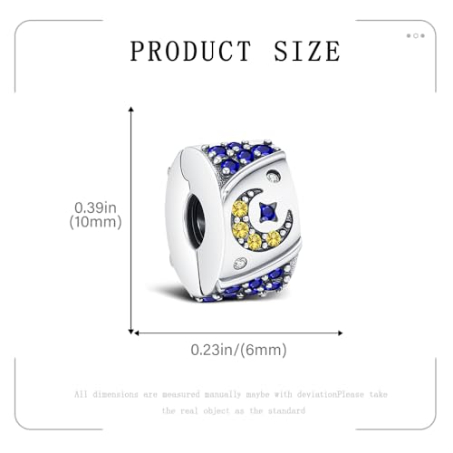 KEQ Clip Spacer Charm for Bracelet 925 Silver Pave Cubic Zirconia Clip Lock Stopper Bead Spacer For Women Bracelets Stopper Birthday Gifts European Openable Beads 2pcs - color: Stars and Moon in the Night Sky