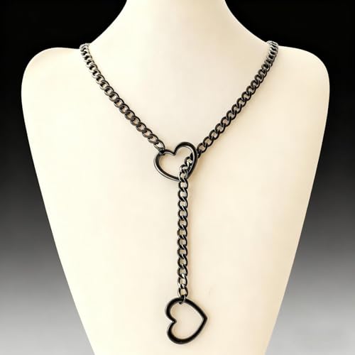 Slip Chain Choker for Women Handmade Black Stainless Steel Cuban Chain Chunky Moon Bat Raven Skull Pendant Gothic Punk Rock Collar Adjustable Lariat Y Necklace for Men - style: Black heart