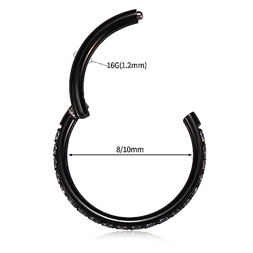 GAGABODY Surgical Steel Hypoallergenic Nose Ring Earring CZ Hoop for Unisex | Hinged Seamless Clasp,Used in Nostril,Septum,Lip,Eyebrow,Nipple and All Ear Piercings.22G to 12G,Inner Diameter 5mm to 14mm - color: Black+Vitrail Medium CZ, size: 16G-12mm