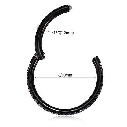 GAGABODY Surgical Steel Hypoallergenic Nose Ring Earring CZ Hoop for Unisex | Hinged Seamless Clasp,Used in Nostril,Septum,Lip,Eyebrow,Nipple and All Ear Piercings.22G to 12G,Inner Diameter 5mm to 14mm - color: Black+Vitrail Medium CZ, size: 16G-10mm