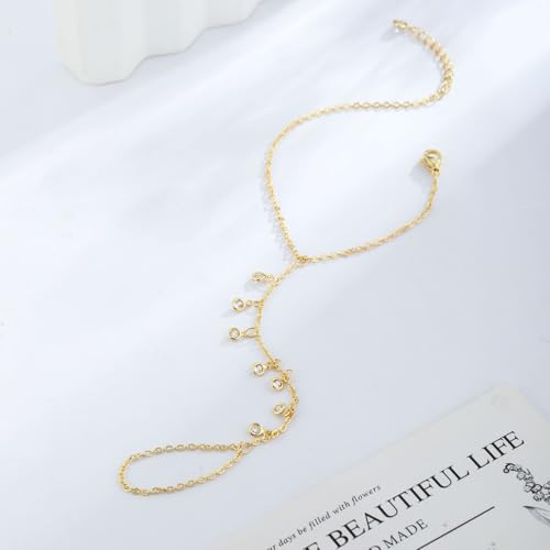 MFRYK Gold/Silver Bracelets For Women,Trendy 14k Gold/Silver Plated lightweight Dainty Chunky Thin Cuban Link Paperclip Chain Tennis Bangle Bracelets Stack Set,Ring Hand Chain Bracelet,Gold Jewelry Gift For Women Fashion Accessories - style: 7CZ hand chai