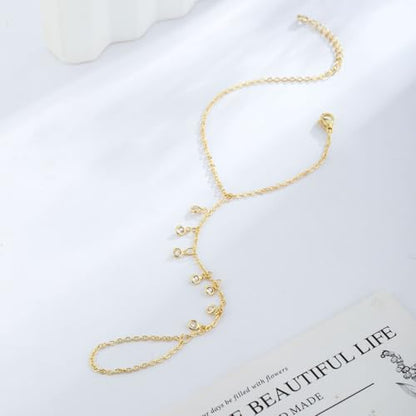MFRYK Gold/Silver Bracelets For Women,Trendy 14k Gold/Silver Plated lightweight Dainty Chunky Thin Cuban Link Paperclip Chain Tennis Bangle Bracelets Stack Set,Ring Hand Chain Bracelet,Gold Jewelry Gift For Women Fashion Accessories - style: 7CZ hand chai