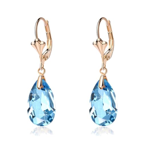 Austrian Crystal Teardrop Leverback Dangle Earrings for Women Fashion 14K Gold Plated Hypoallergenic Jewelry - color: Aquamarine