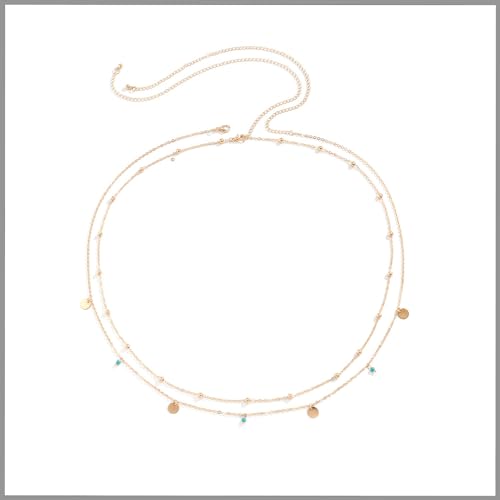 Waist Chains for Women Gold Waist Chain Silver Belly Chain Adjustable Layered Body Chain Sequin Belly Chains Sexy Bikini Beach Jewelry for Women (26.8-36.6 Inch) - style: turquoise+gold