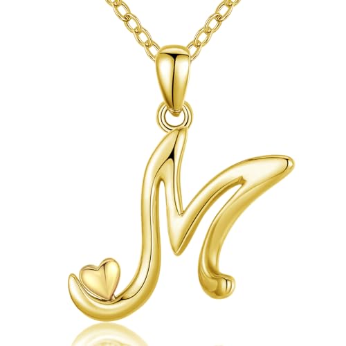 CELESTIA 925 Sterling Silver Initial Necklaces 26 Letter with Rose Gold Heart - 18 Inch Chain - color: Gold-M