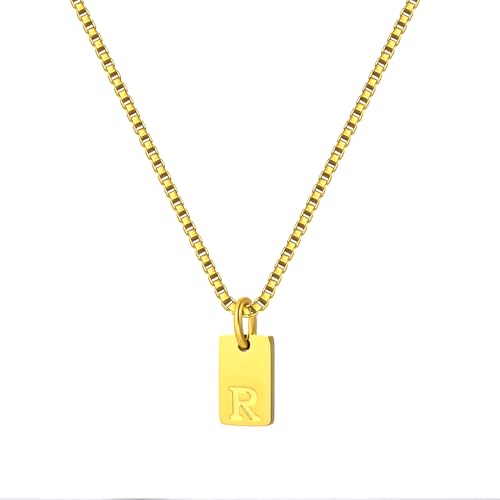 Gold Plated Square Initial Necklace Waterproof A-Z Letter Pendant on Thin Chain - Dainty, Stackable Jewelry for Women - color: Golden-R, size: F