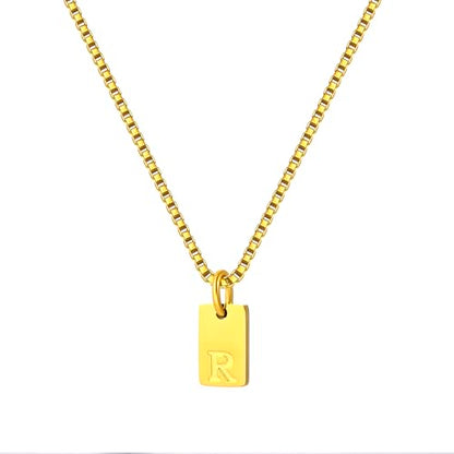 Gold Plated Square Initial Necklace Waterproof A-Z Letter Pendant on Thin Chain - Dainty, Stackable Jewelry for Women - color: Golden-R, size: F