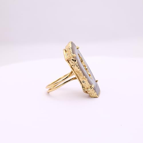 Ring Geode Druzy Slice Unique And Stylish Statement Gold Plated Jewelry Natural Gemstone Stone size 25-35 mm Approximately Adjustable Shank US Scale Size 6-9 - color: Gray, 7