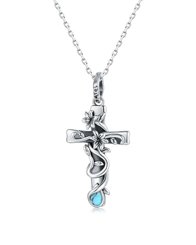 925-Sterling-Silver Turquoise Dragonfly/Hummingbird/Compass/Anchor/Butterfly/Cross/Lotus Necklaces Vintage Boho Pendant Jewelry Victorian Christmas Birthday Gifts for Women - style: Cross Flower Turquoise Necklace